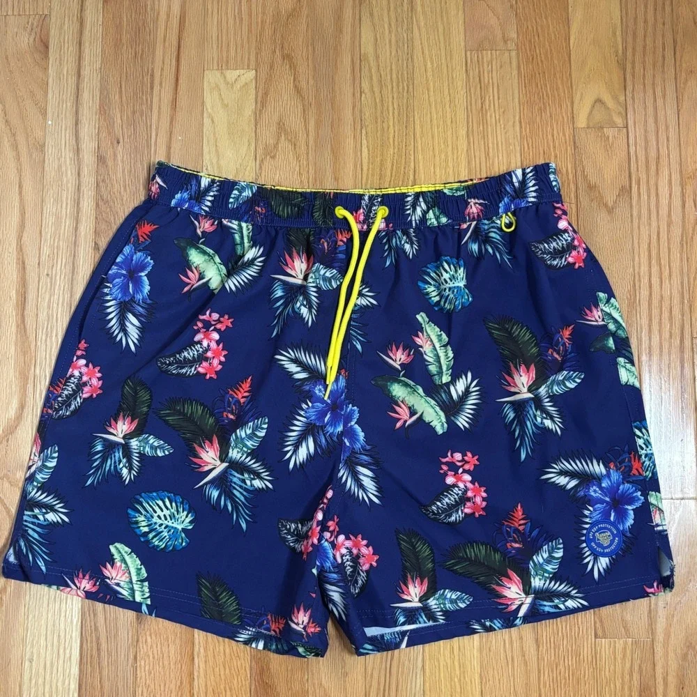 Banana Boat Men's Large Swim Trunks‎ Blue Tropical Floral Print Elastic UPF50